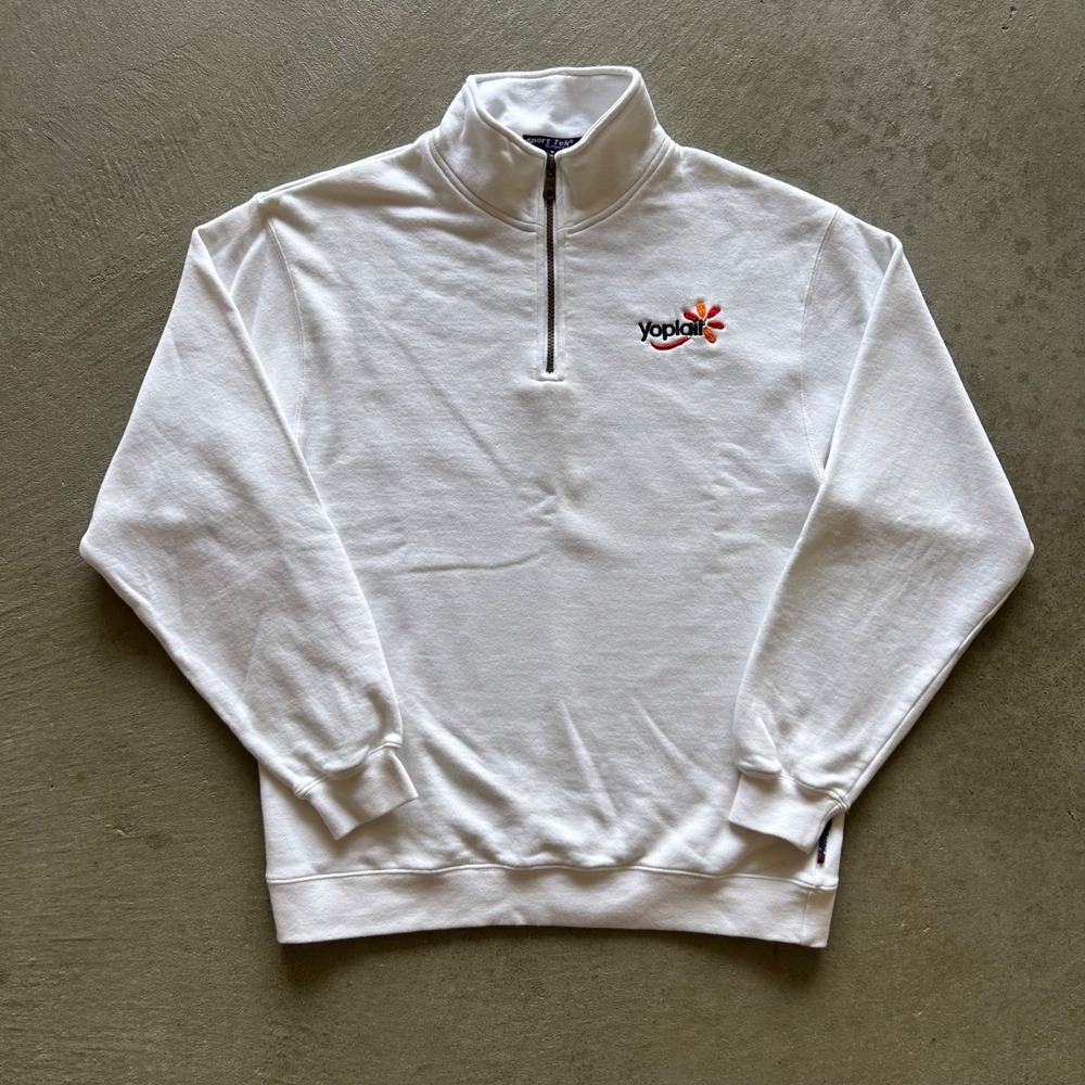 Vintage Yoplait Yogurt 1/4 Zip Sweatshirt Size Medium White Embroidered Pullover
